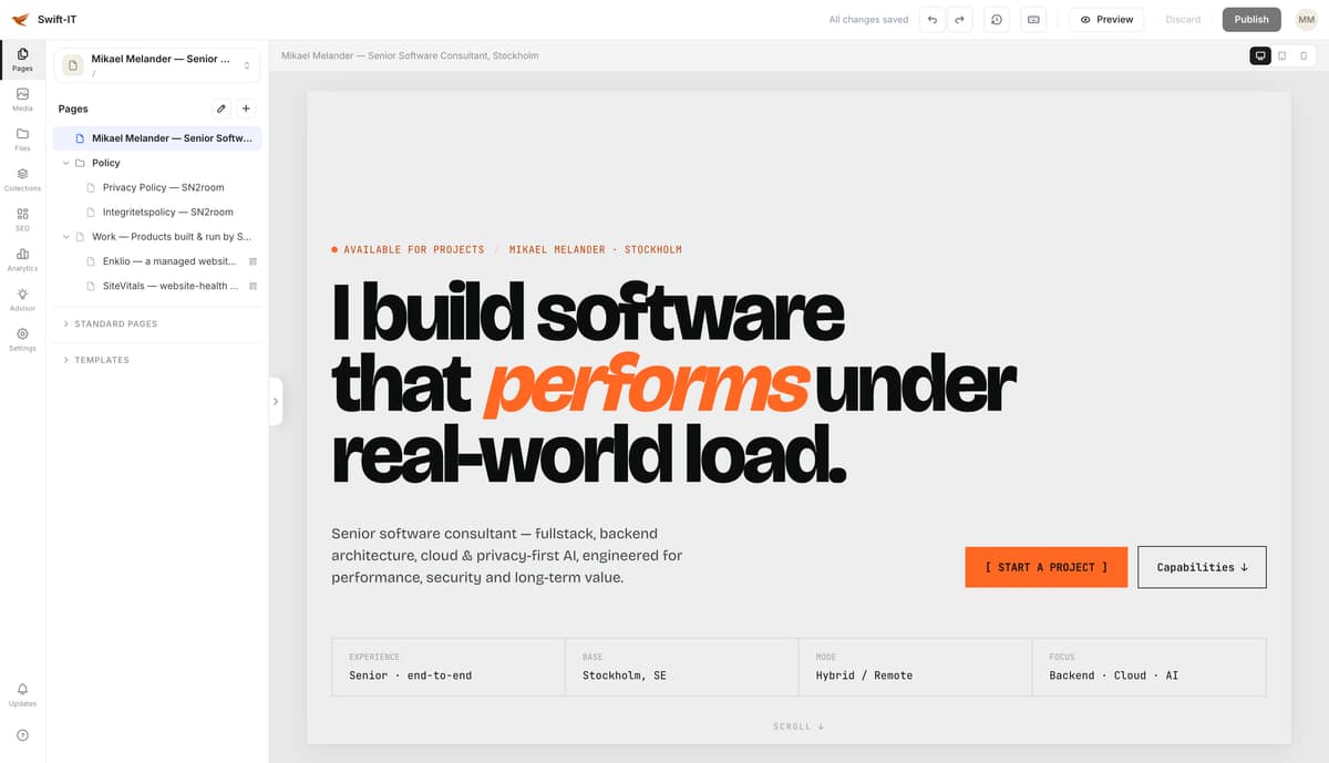 The Enklio editor — pages, blocks, and a live canvas